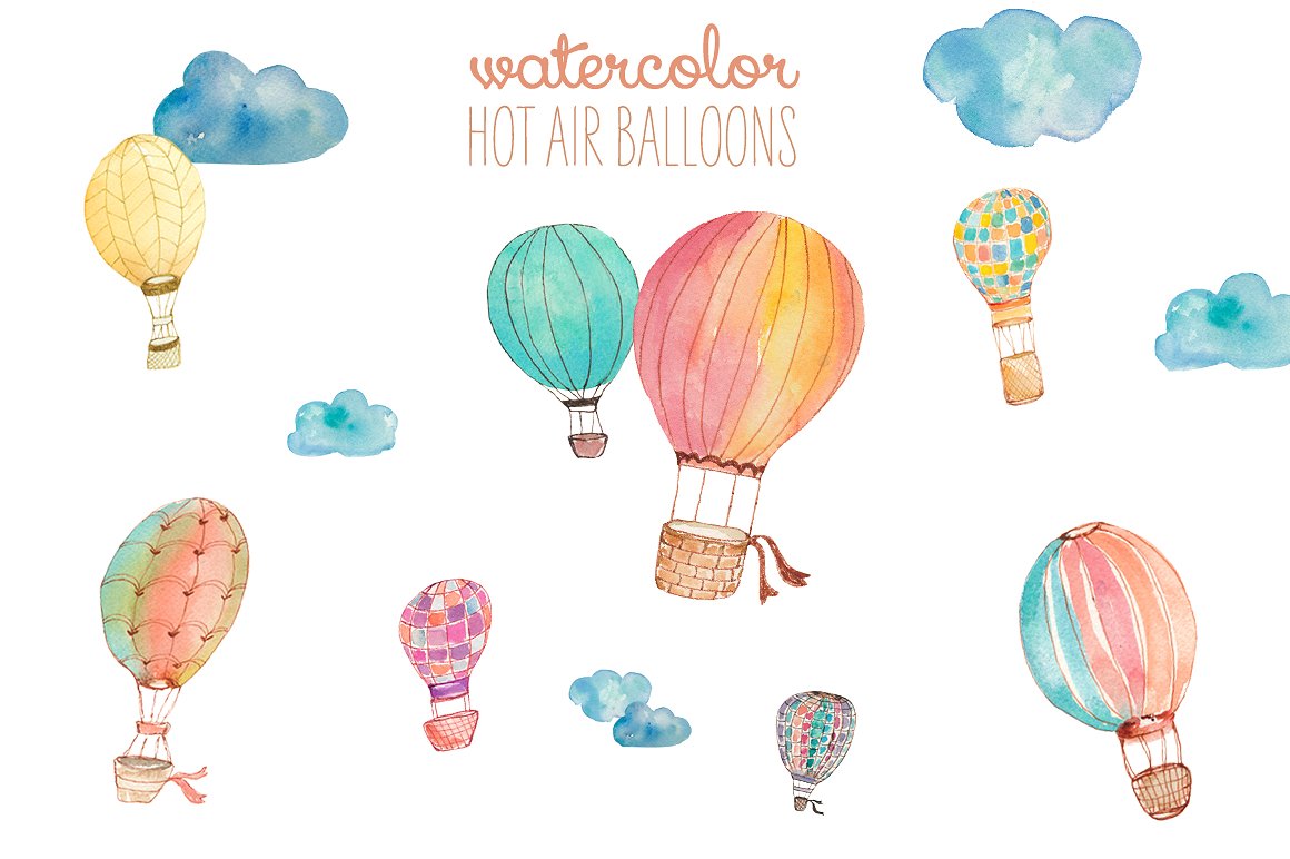 热气球水彩插画剪贴画 Watercolor Hot Air Balloons插图