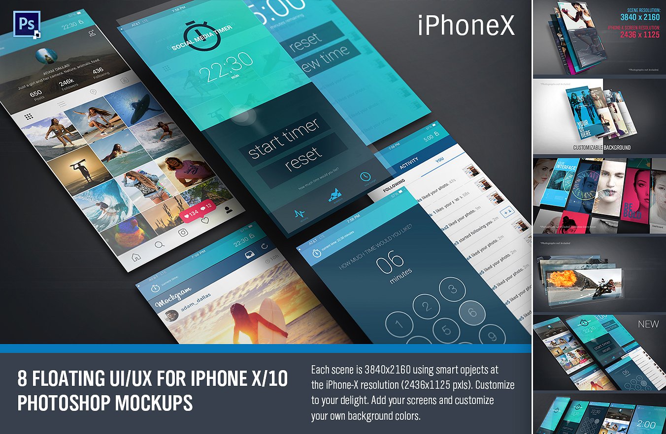 现代独特iPhone X浮动特效 UI设计展示PSD模型Mockups插图