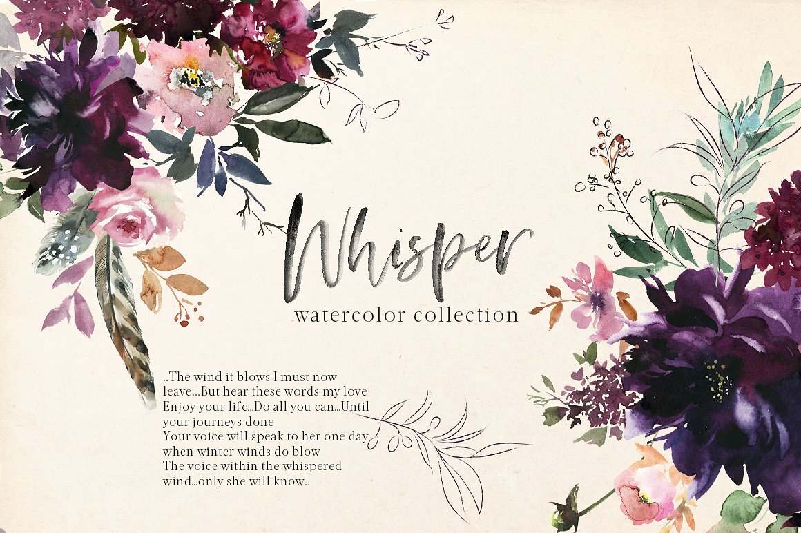 浪漫暗色调水彩花卉剪贴画 Whisper Watercolor Floral Clipart插图