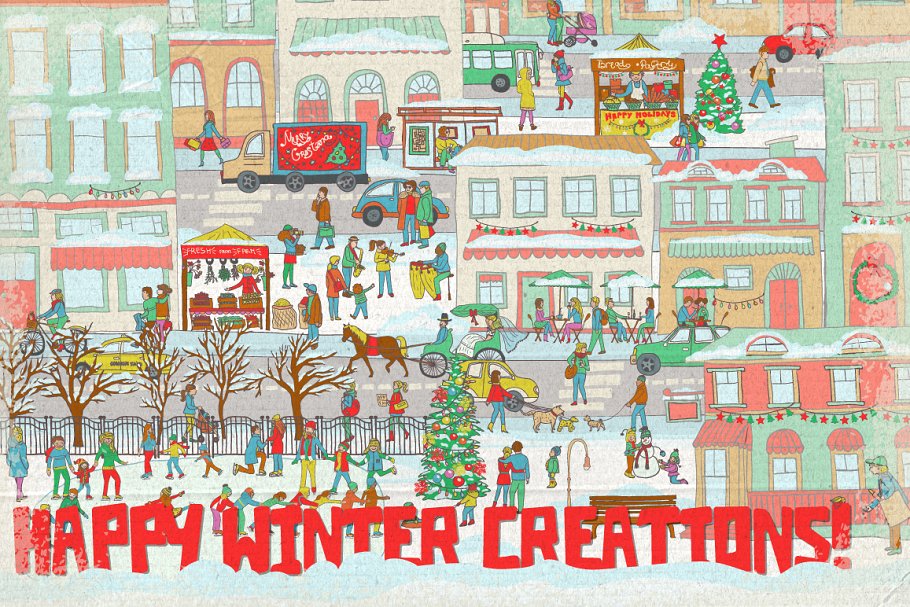 冬天的欧美小镇手绘设计素材 Illustrated Winter Town Creation Set插图(4)