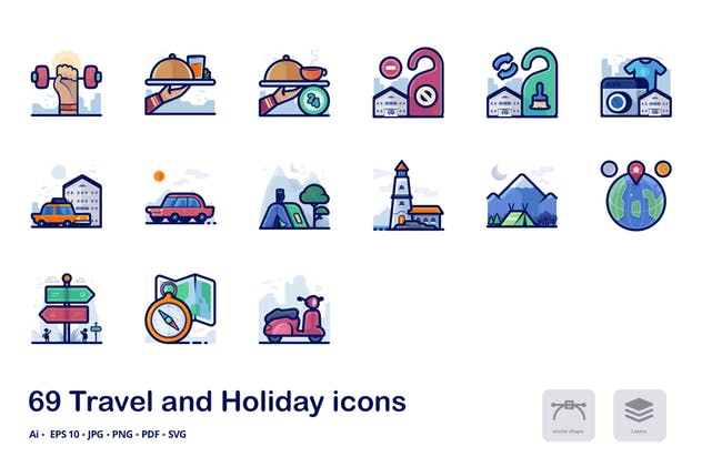 旅行假日主题概念矢量图标 Travel and holiday filled outline icons插图(1)