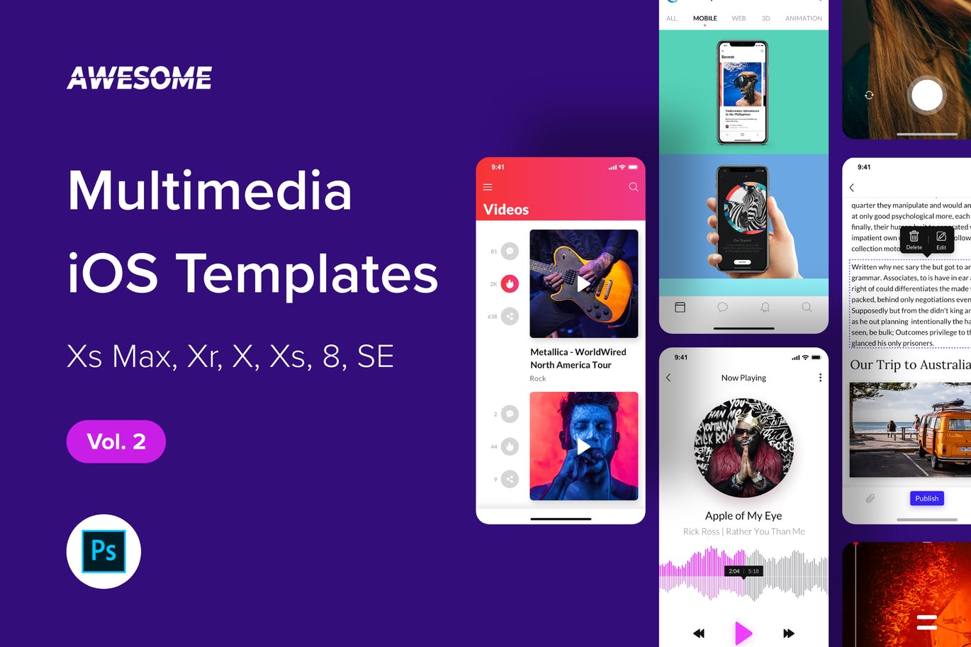 iOS手机多媒体APP应用UI设计套件PSD模板v2 Awesome iOS UI Kit – Multimedia Vol. 2 (Photoshop)插图