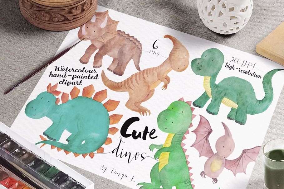 可爱的恐龙水彩剪贴画 Dinosaur Watercolour Set插图(3)