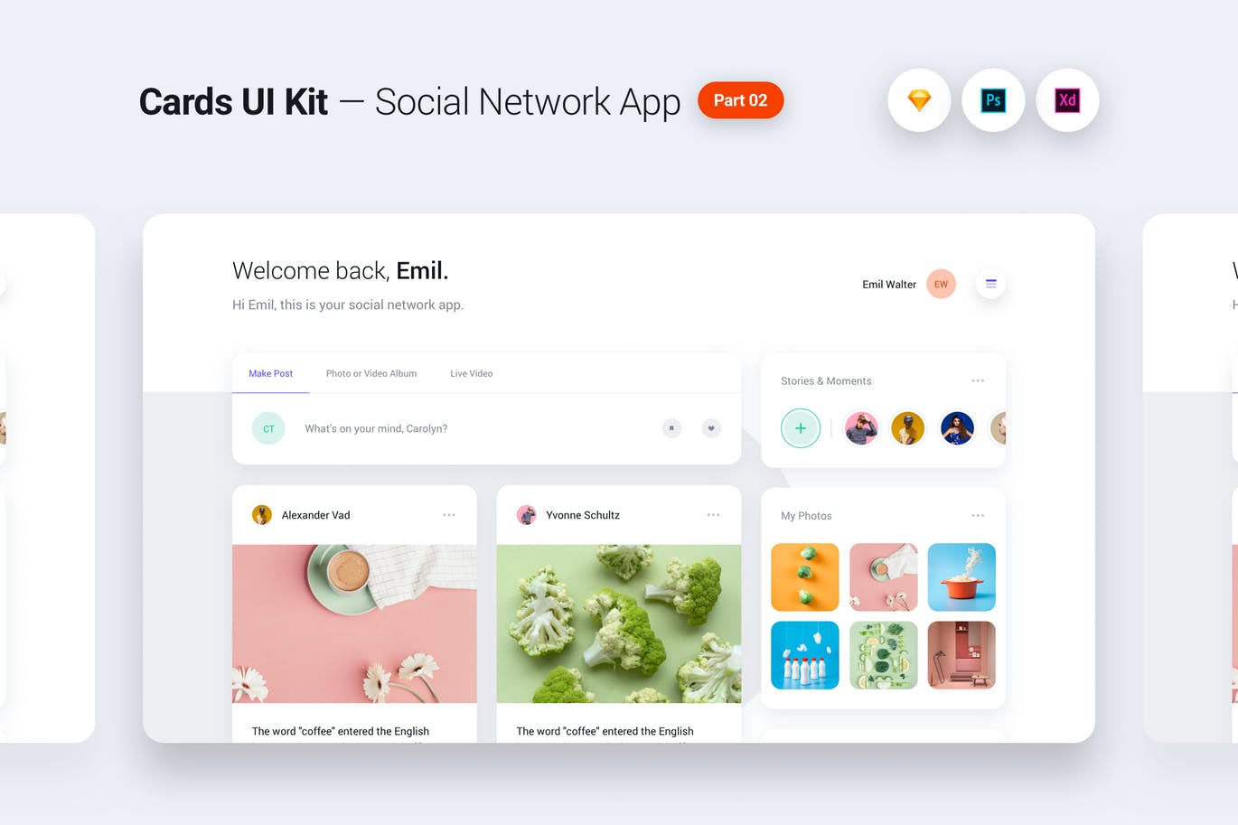 社交APP应用卡片式UI设计套件 Cards UI Kit – Social Network App Concept插图
