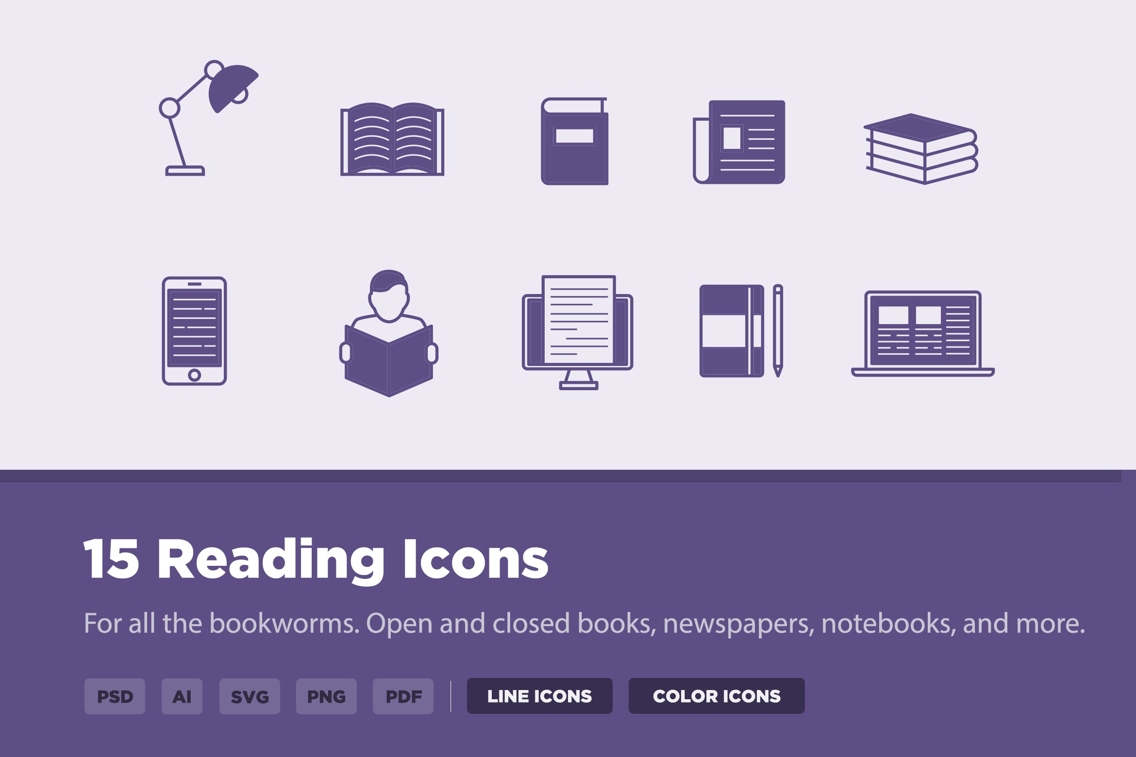 15枚图书阅读主题矢量图标素材 15 Reading Icons插图
