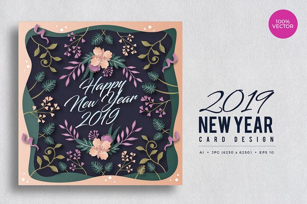 2019年新年贺卡手绘花卉插画设计模板v2 Happy New Year 2019 Floral Vector Card Vol.2插图(1)