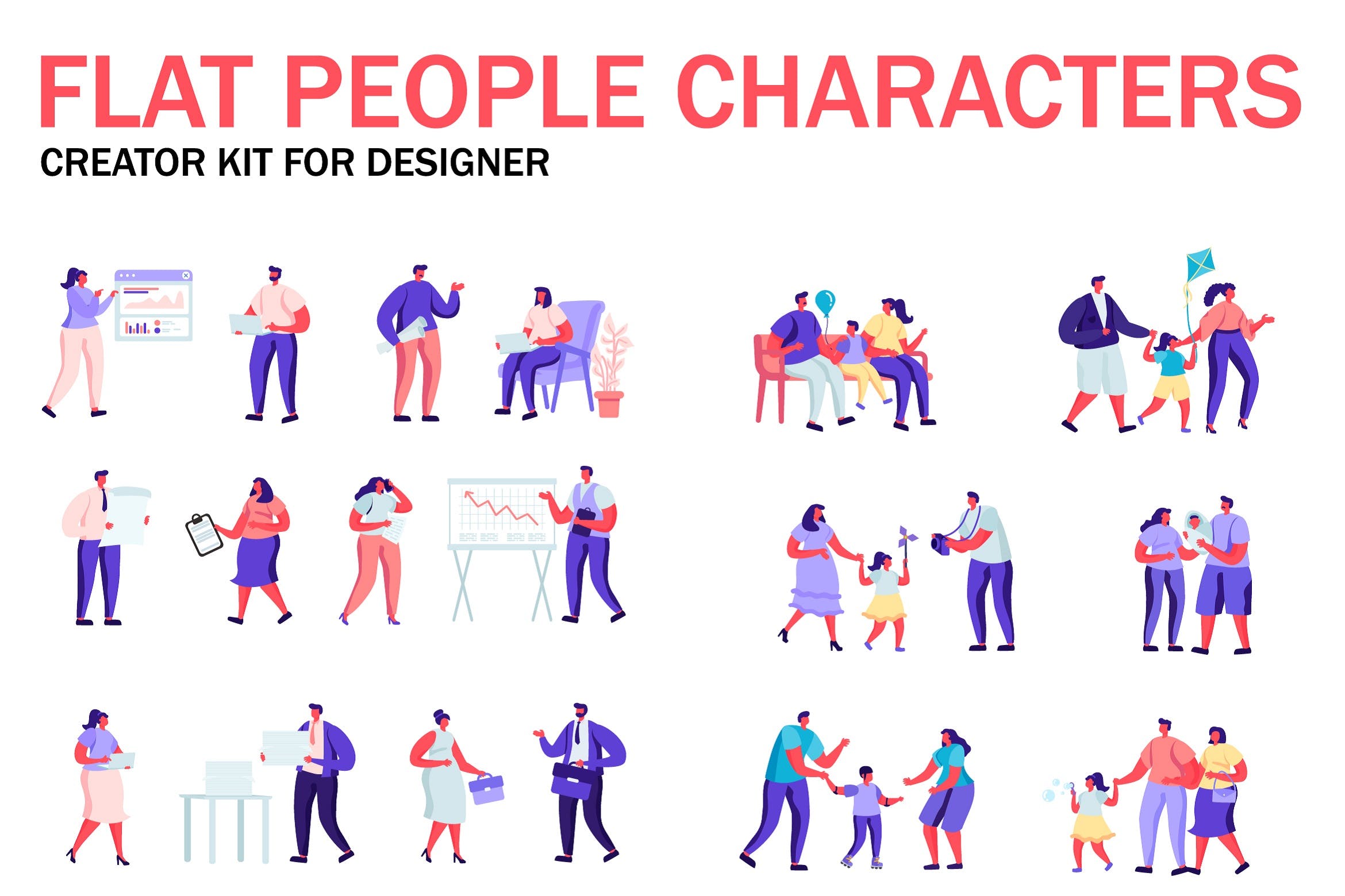 扁平化设计风格虚拟人物角色图形设计工具包v4 Flat People Character Creator Kit插图