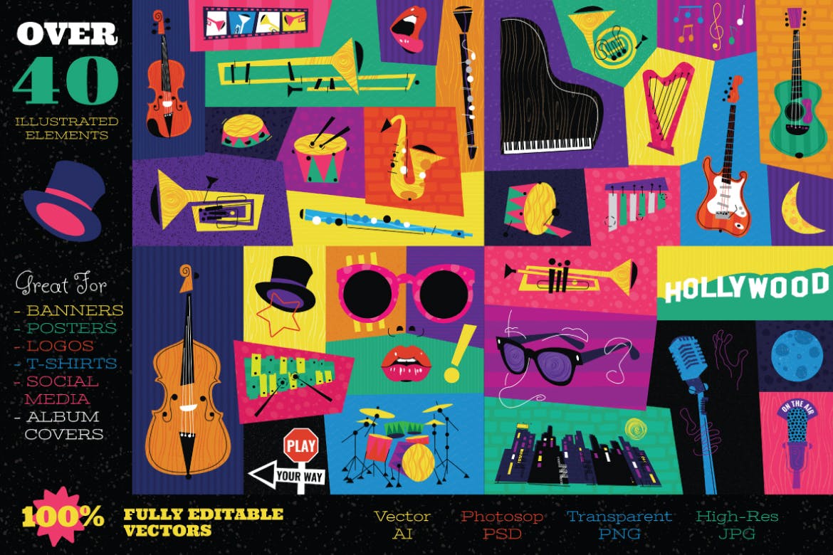 好莱坞经典音乐剧/老式爵士乐矢量插画&海报设计模板 Musical Illustrations and Poster Templates插图(1)