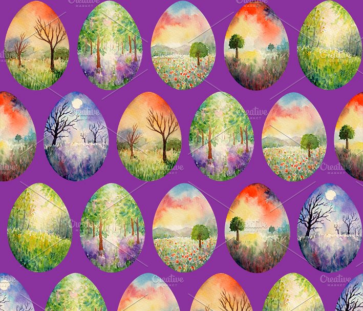 水彩景观复活节彩蛋图案素材 Landscape Easter Eggs Pattern插图(1)