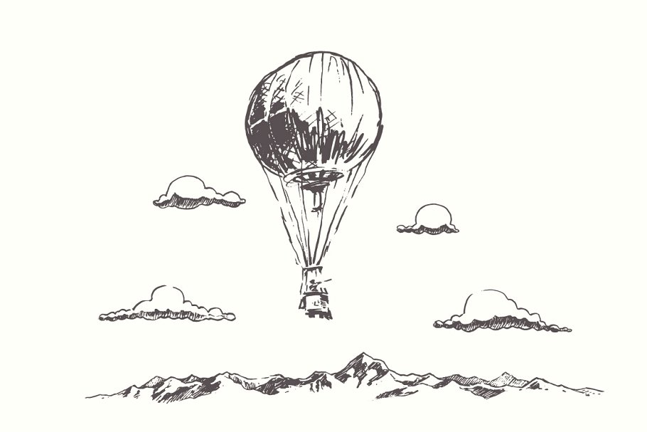 山景热气球素描剪贴画 Air balloons flying over mountains插图(1)