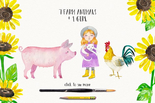 农场家畜动物水彩插画套装Vol.1 FARM ANIMALS watercolor set PART 1插图(1)