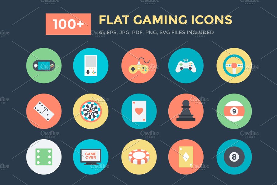 100+线下游戏扁平化矢量图标 100+ Flat Gaming Vector Icons插图