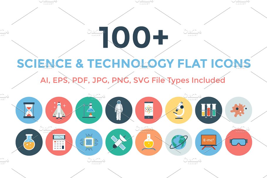 100+自然科学主题扁平化图标 100+ Science & Technology Flat Icons插图