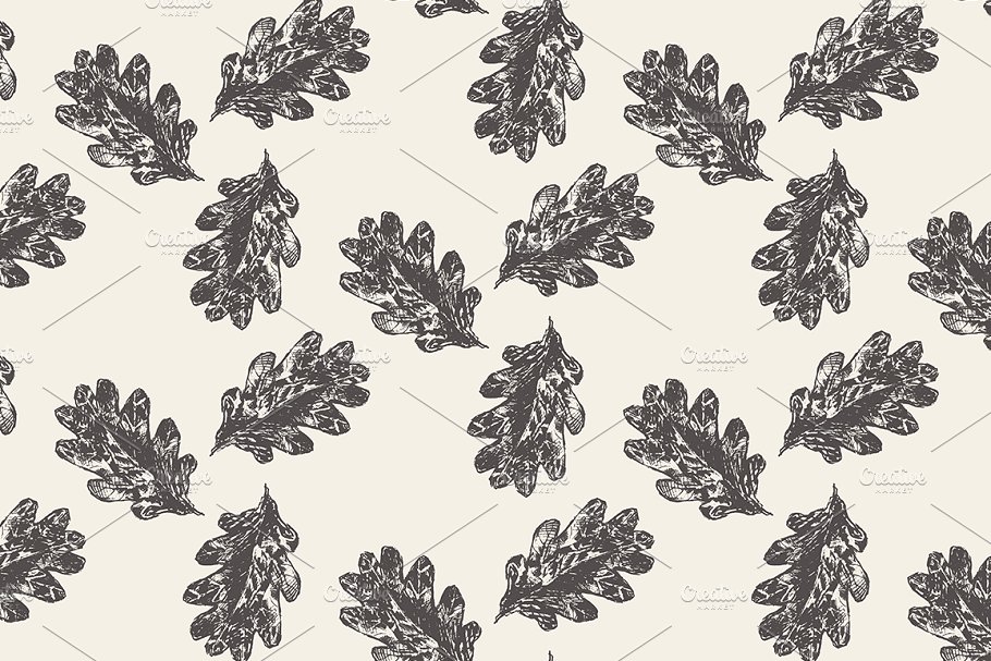橡树叶素描无缝图案素材 Oak leaves seamless pattern插图(1)