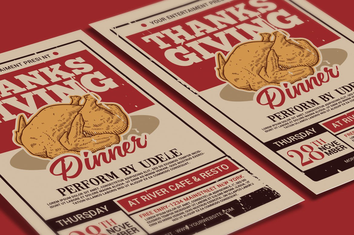 复古风感恩节晚宴活动海报传单模板 Thanksgiving Dinner Flyer插图(2)