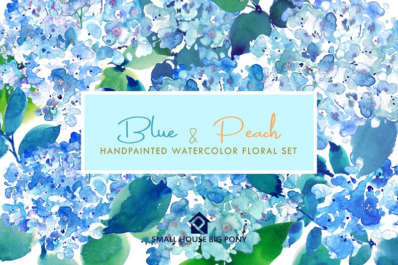 蓝色和桃色-水彩花卉元素套装 Blue & Peach- Watercolor Floral Set插图(8)