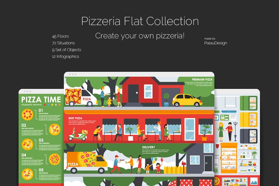 披萨主题场景扁平风格设计元素合集 Pizzeria Flat Collection插图