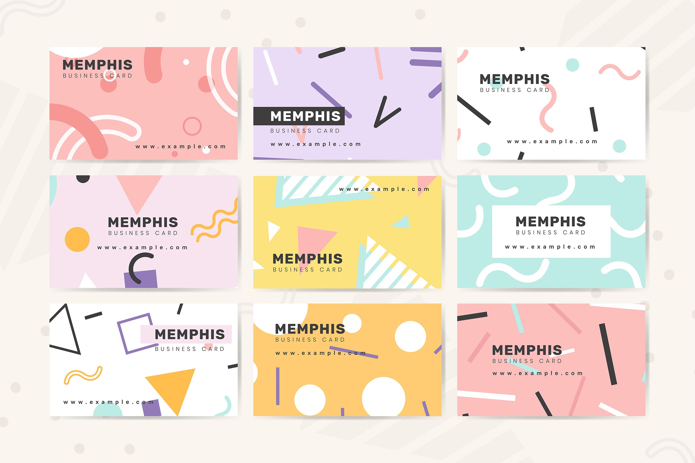 孟菲斯风格企业名片设计模板套装 Memphis name card design vector插图