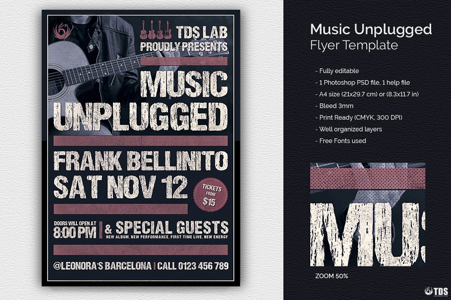 电吉他音乐表演宣传海报PSD模板 Music Unplugged Flyer PSD插图