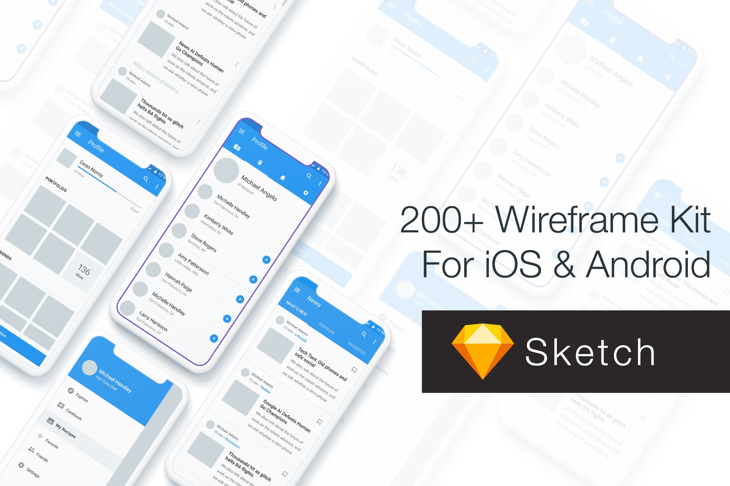 200+ iOS/Android平台应用设计线框图SKETCH模板 Baseframe – Wireframe UI KIT 200++ Sketch Version插图