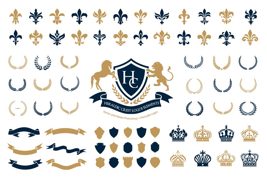 奢侈花边纹章徽标设计组成套件 Heraldic Crest Logos elements set插图(1)