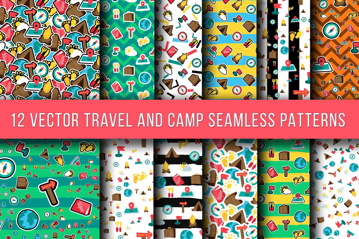 旅行和露营主题图案无缝纹理 Travel And Camping Seamless Patterns插图
