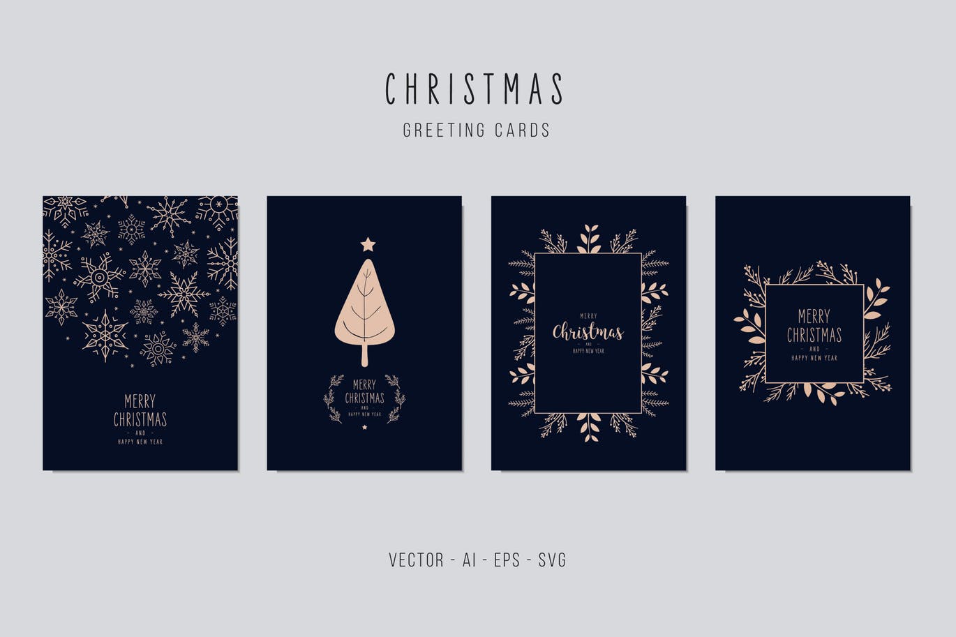 雪花&植物手绘图案圣诞节贺卡矢量设计模板集v1 Christmas Greeting Vector Card Set插图