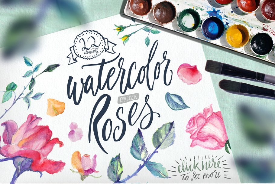 水彩玫瑰花设计DIY套装 Watercolor Roses DIY pack 22elements插图