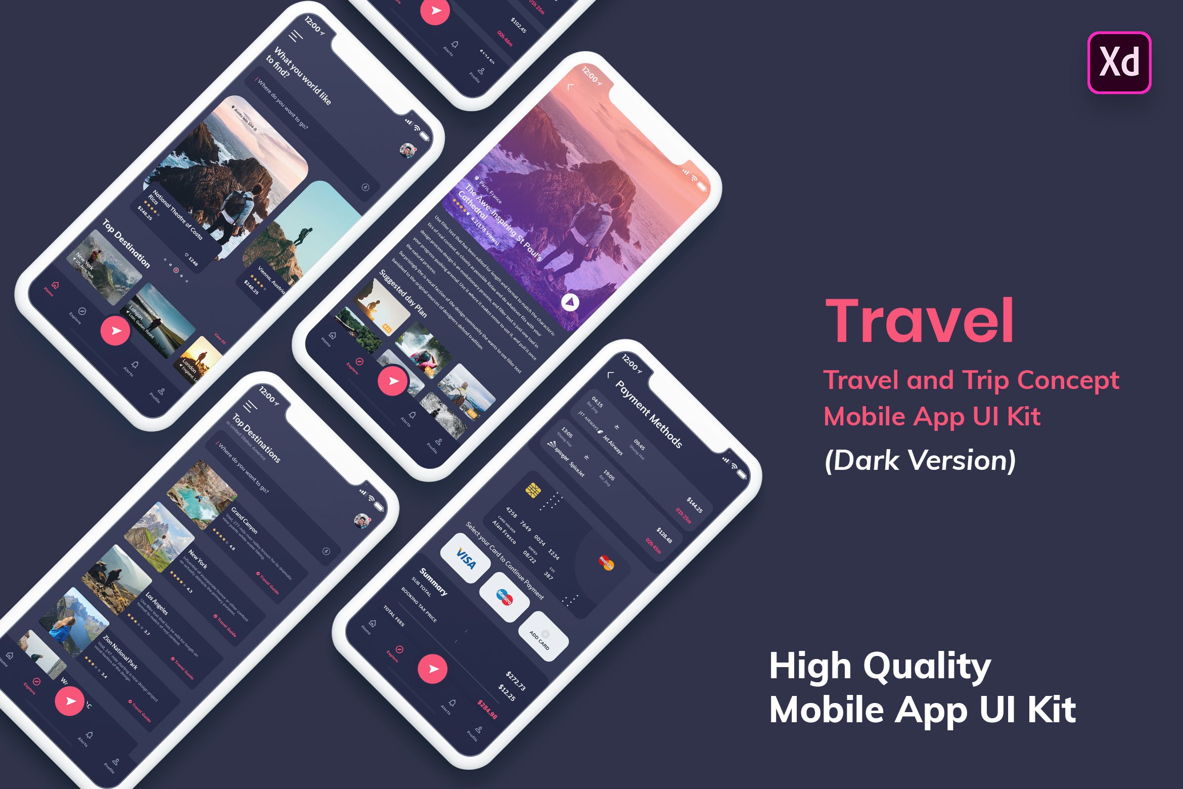 机票/酒店预订旅游主题APP应用UI设计套件XD模板[夜间模式版本] Tour & Travel MobileApp UI Kit Dark Version (XD)插图