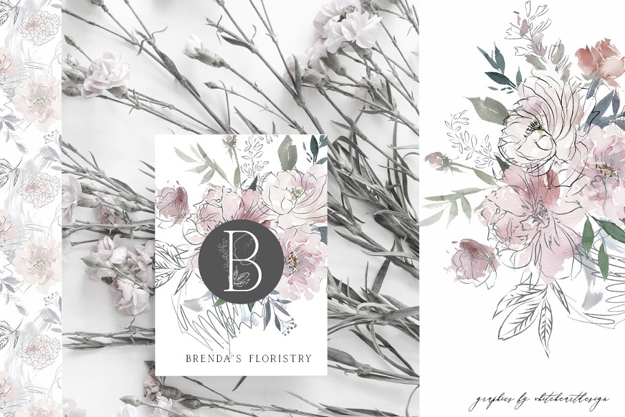 线条性感水彩花卉剪贴画、字体 Sensuale Watercolor Floral Clipart插图(5)