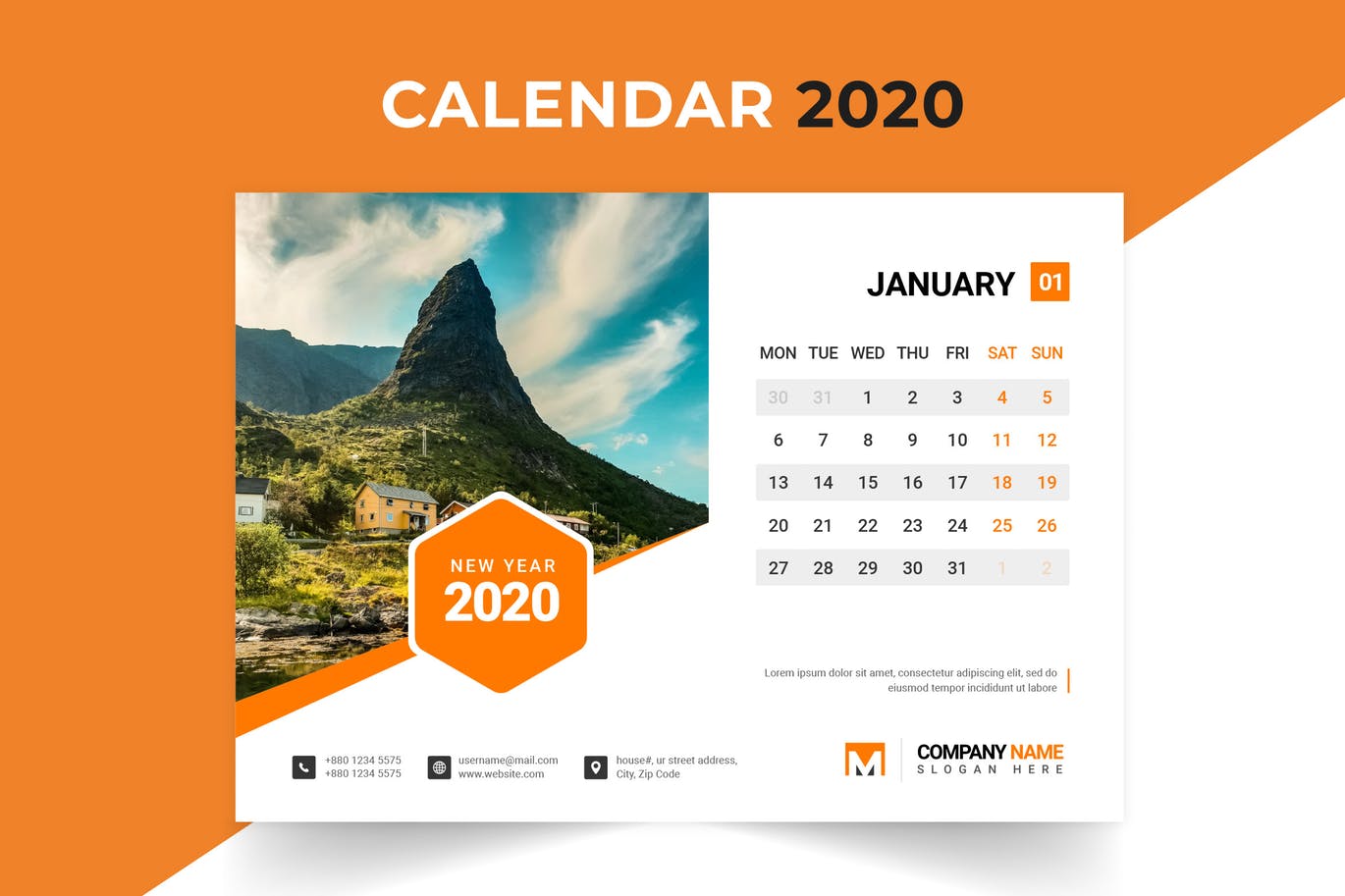 2020年企业定制设计日历表设计模板 2020 Desk Calendar Design插图