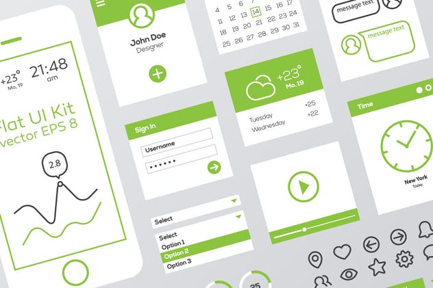 绿白配色扁平设计风格移动Web用户界面工具包 Green & White Flat Mobile Web UI Kit插图(1)
