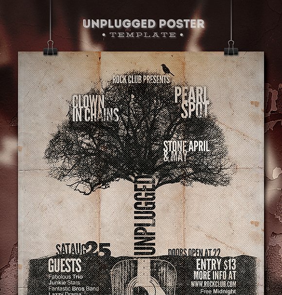 复古做旧吉他音乐会宣传单模板 Unplugged – Poster插图(1)