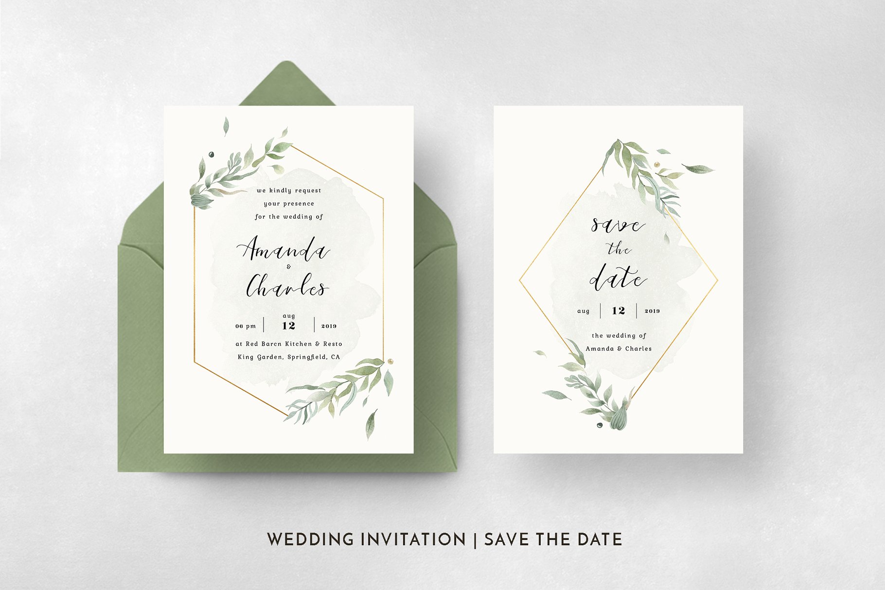 黄金几何线条水彩风婚礼邀请函设计套件 Modern Gold Foliage Wedding Suite插图(4)