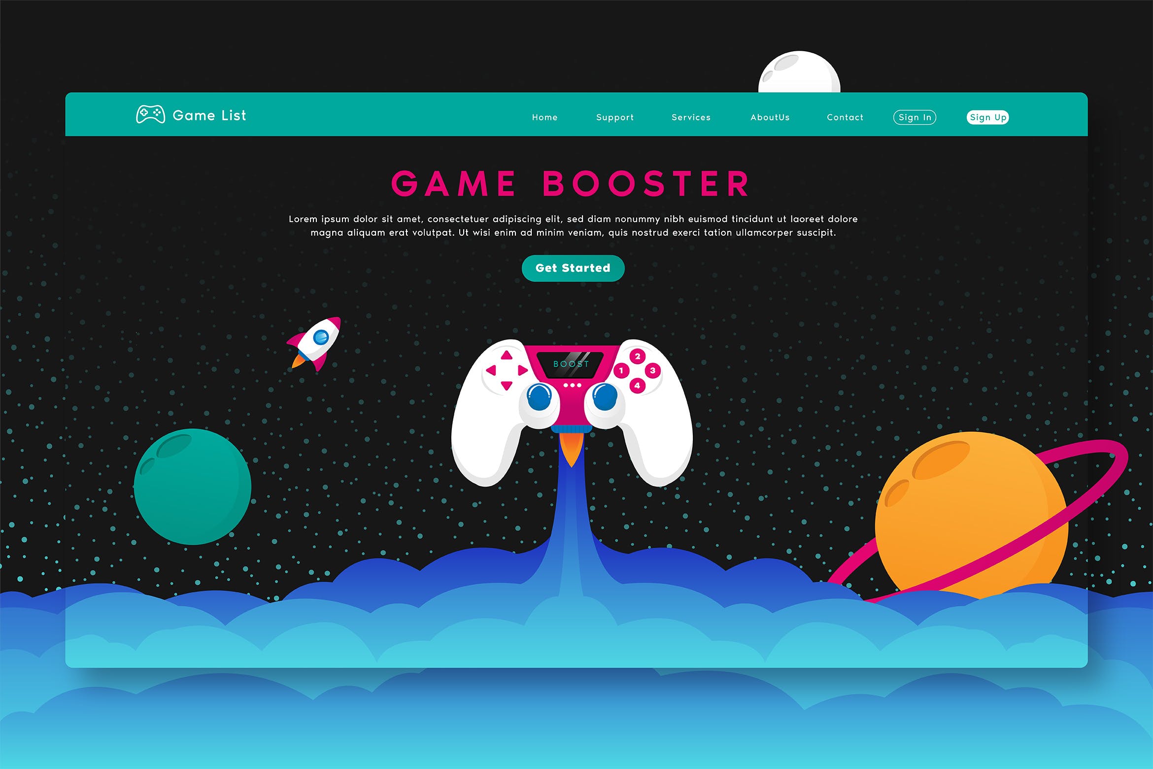 游戏加速器软件网站矢量插画模板 Game Booster – Web Header & Vector Template GR插图