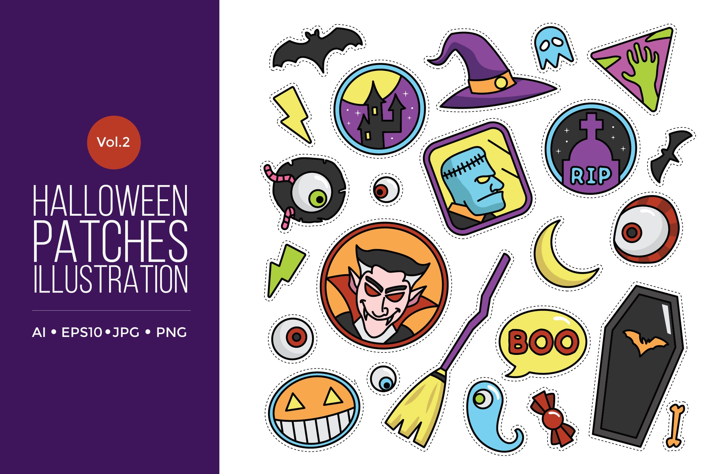 可爱风格万圣节贴纸图案矢量图形素材v2 Cute Happy Halloween Patches Vol.2插图