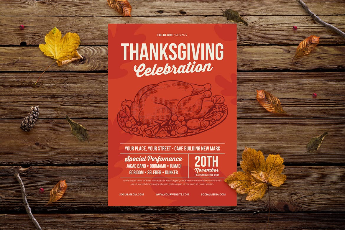 复古设计风格感恩节庆祝活动海报传单设计模板 Vintage Thanksgiving Celebration插图(1)