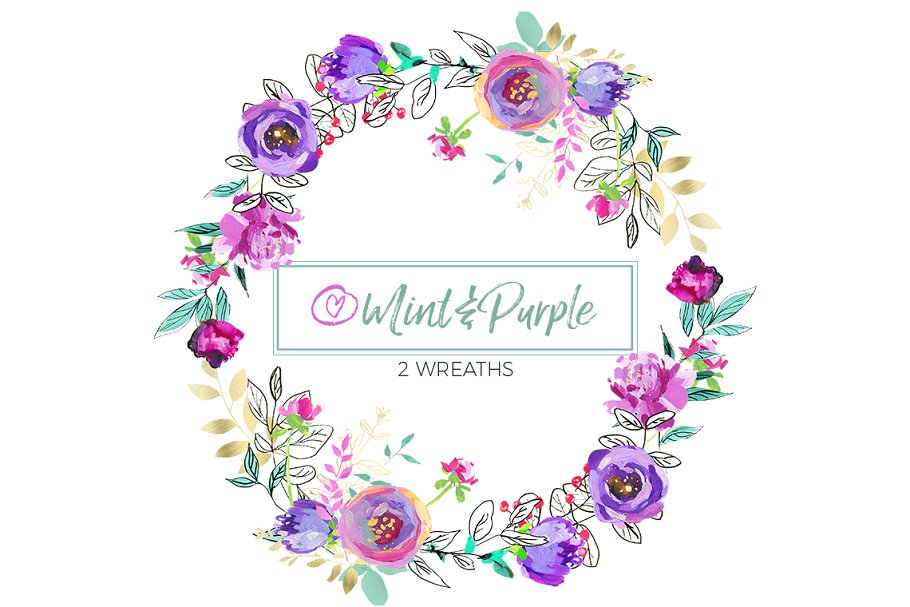 薄荷和紫色水彩花卉 Mint and Purple Watercolor Flowers插图(4)