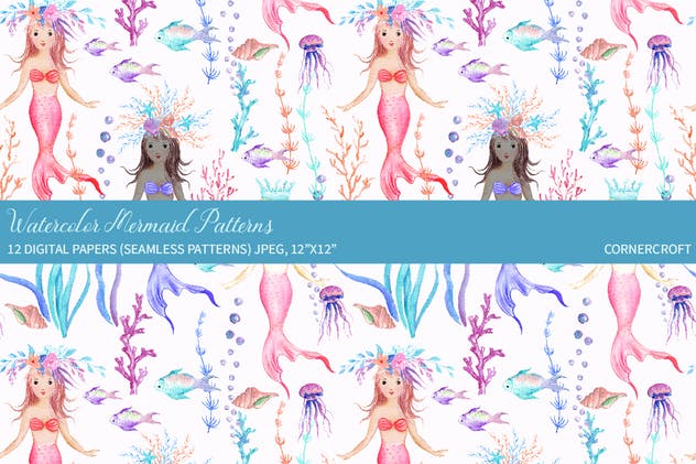 水彩手绘美人鱼图案纸张背景素材 Watercolor Mermaid Digital Paper插图(6)