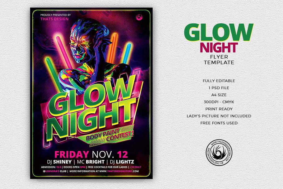 电子音乐节活动宣传海报PSD模板 Glow Night Flyer PSD插图