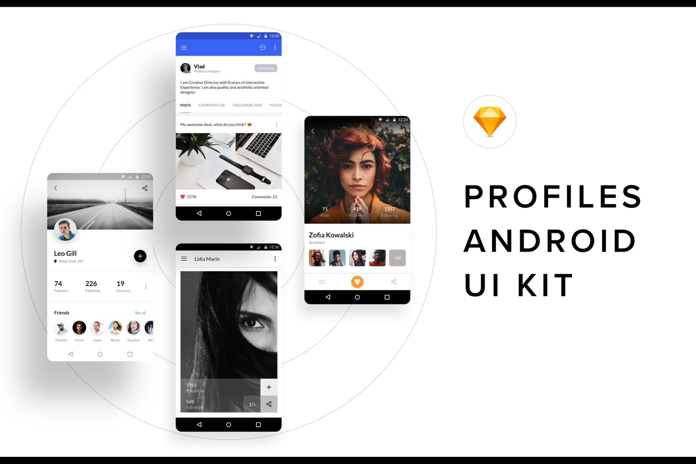 安卓手机APP应用用户中心界面UI设计SKETCH模板 Profiles Android UI Kit (Sketch)插图