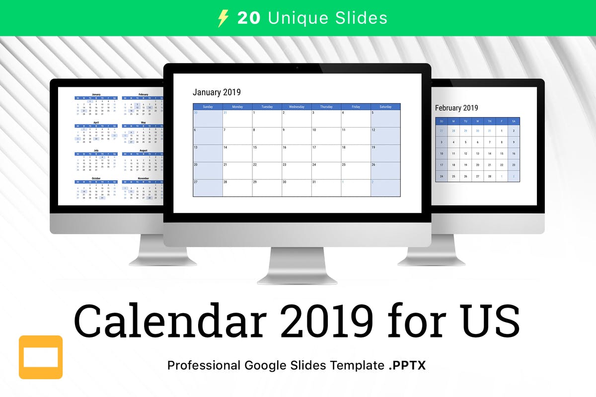 2019年新年年历Google幻灯片模板 Calendar 2019 US for Google Slides插图