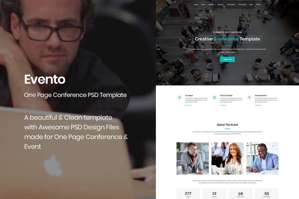 会议&活动主题网站设计PSD模板 Evento – One Page Conference & Event PSD Template插图