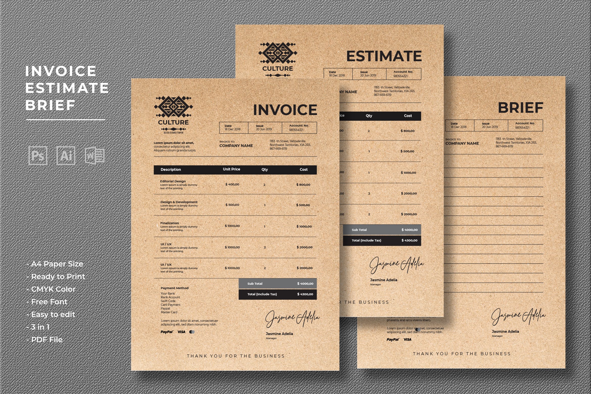 复古牛皮纸背景账单发票单据设计模板 Invoice Estimate Brief插图