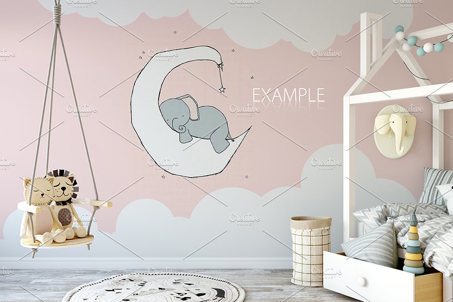 儿童主题卧室墙纸设计&相框样机 Interior KIDS WALL & FRAMES Mockup 2插图(9)