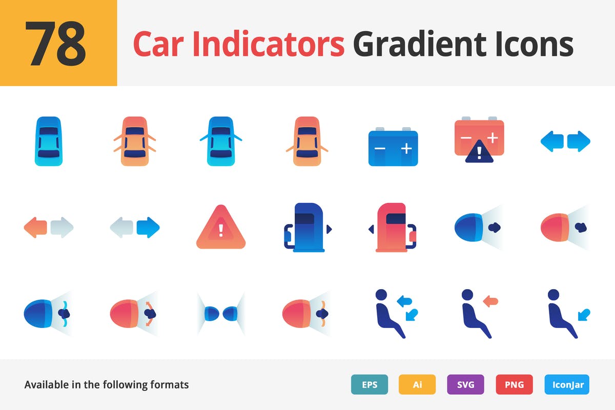 78枚汽车指示灯人机交互系统矢量渐变图标 Car Indicators Vector Gradient Icons插图