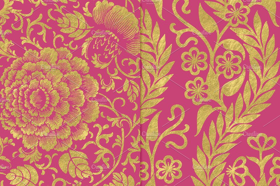 粉色和金色花卉图案纹理 Pink and Gold Flower Patterns插图(1)