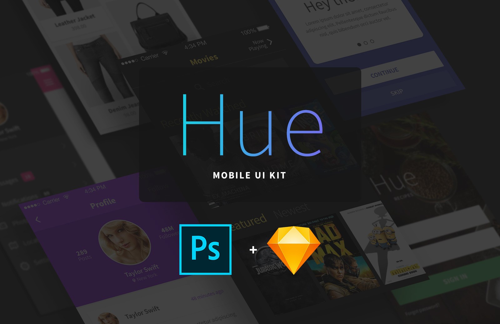 iOS&Android 移动应用 UI 套件组合 Hue – 44 Screens for iOS App Design [PSD, Sketch]插图