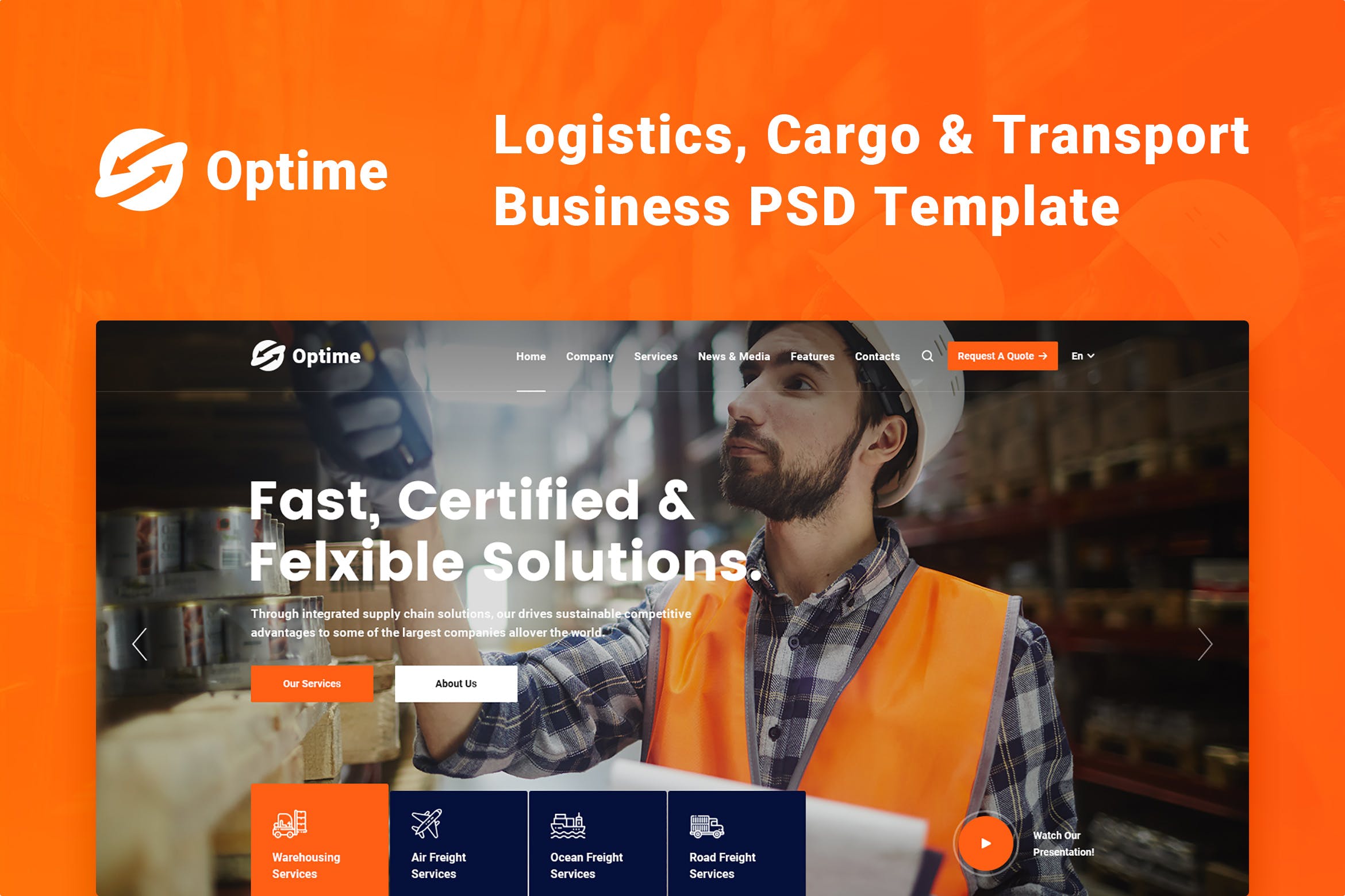 物流货运/快递运输公司官网设计PSD模板 Optime – Logistics, Cargo & Transport PSD Template插图