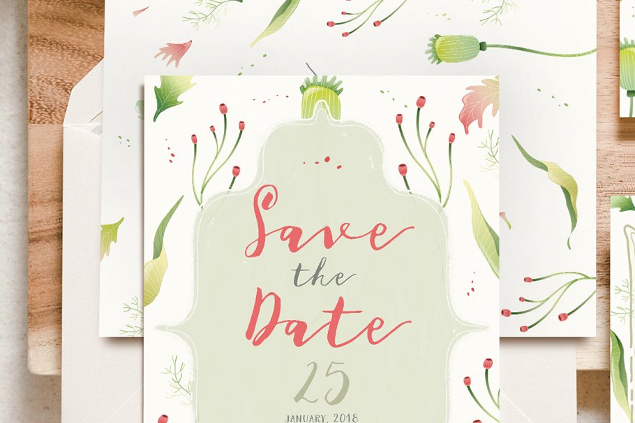 可爱而甜美的树叶插图婚礼请柬设计模板 Foliage Illustration Wedding Suite插图(1)